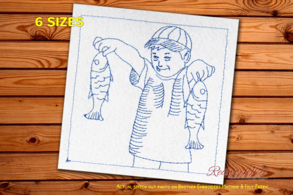 Boy with Fish Caught: A Charming Redwork Design