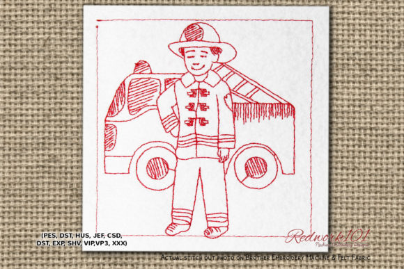 Charming Little Child As a Firefighter Redwork